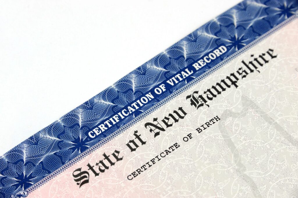 close up on birth certificate of New Hampshire state